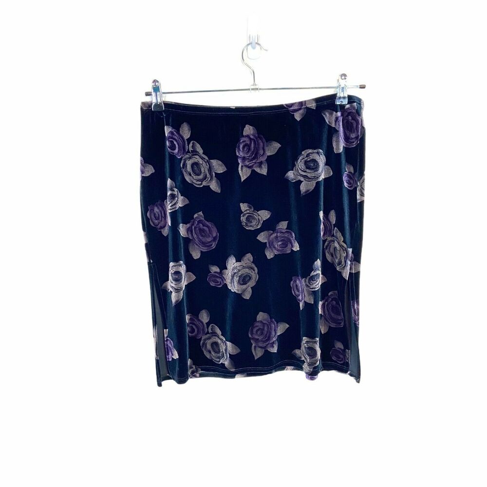 90s Clubbing Skirt Goth Women's Black Gray Purple Velour Polyester Floral Size L